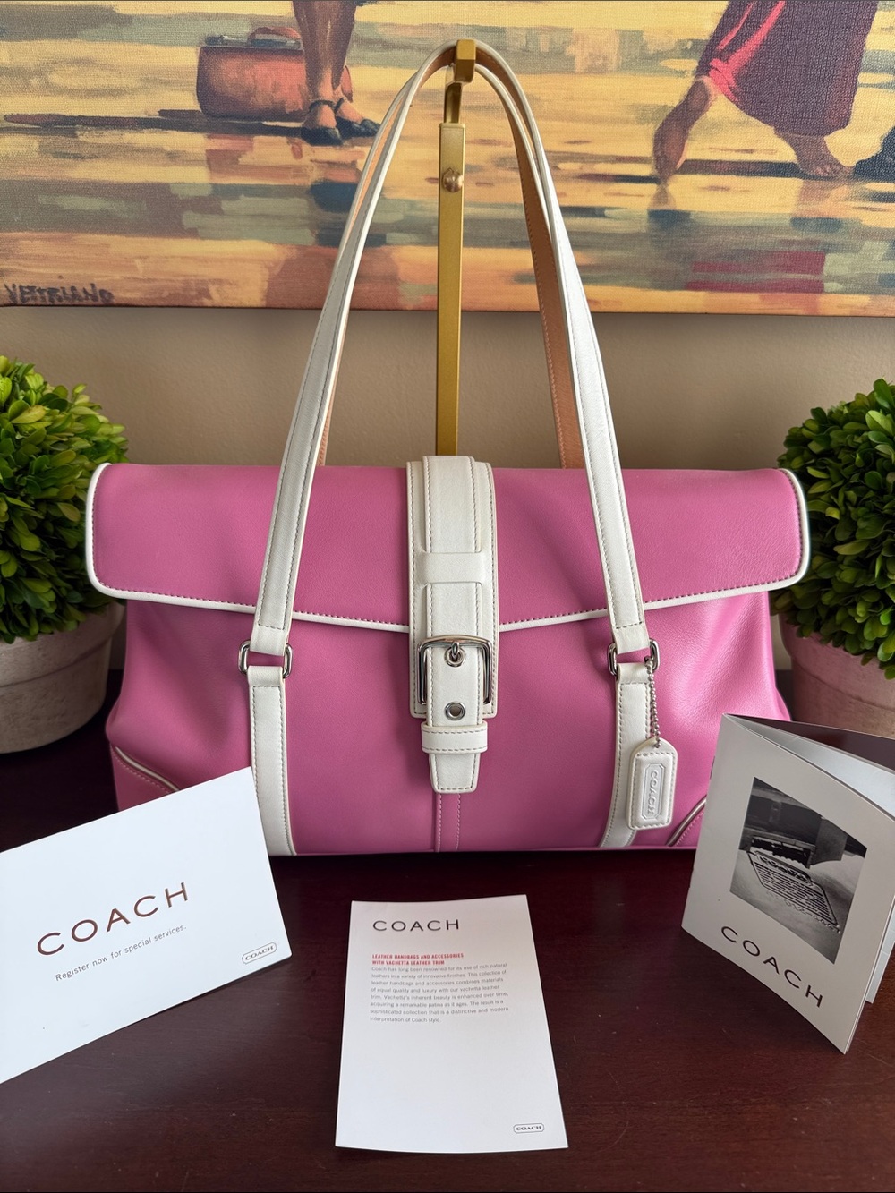 COACH VINTAGE HAMPTON 🩷🤍PINK & WHITE🤍🩷LEATHER TOP HANDLE SATCHEL BAG🌟MINT🌟